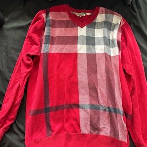 BURBERRY MENS LAMBSWOOL V NECK STRIPED RED SIZE L SWEATER